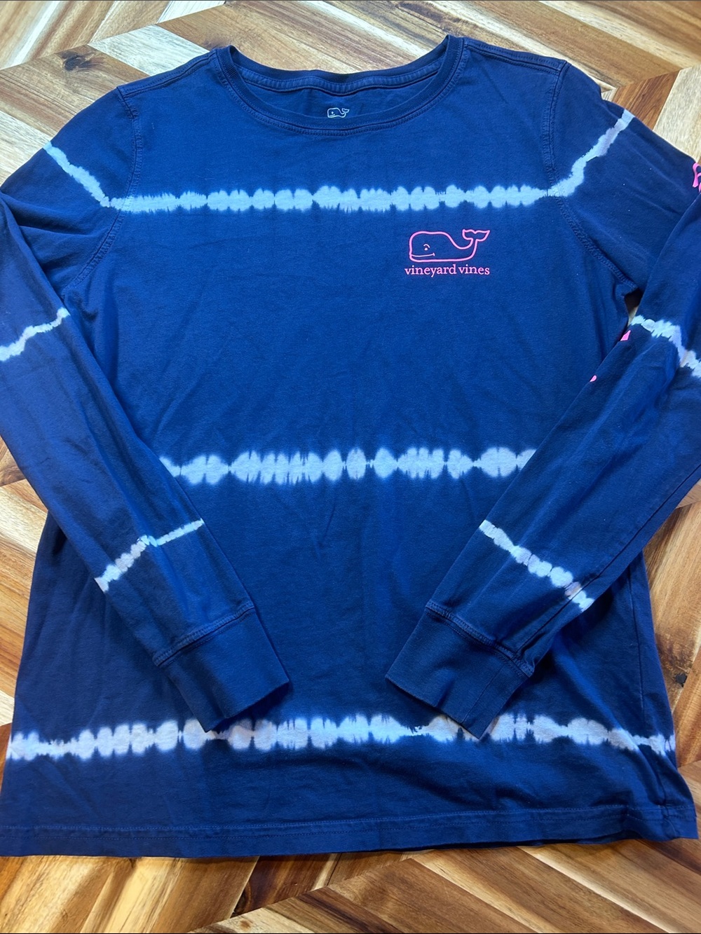 Vineyard Vines Navy and White Tie-Dye Long Sleeve Tee with Pink Whale Logo